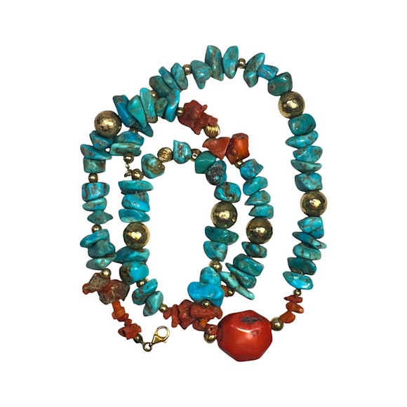 Vintage 26” Red Coral & Turquoise Nugget Necklace with Brass Beads Southwestern - Picture 8 of 9